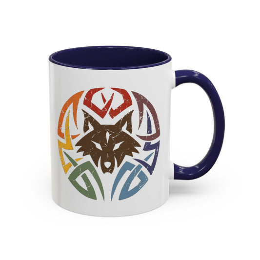 Wolf Tribal Accent Coffee Mug — Rainbow Tribal Wolf Design (11/15oz)