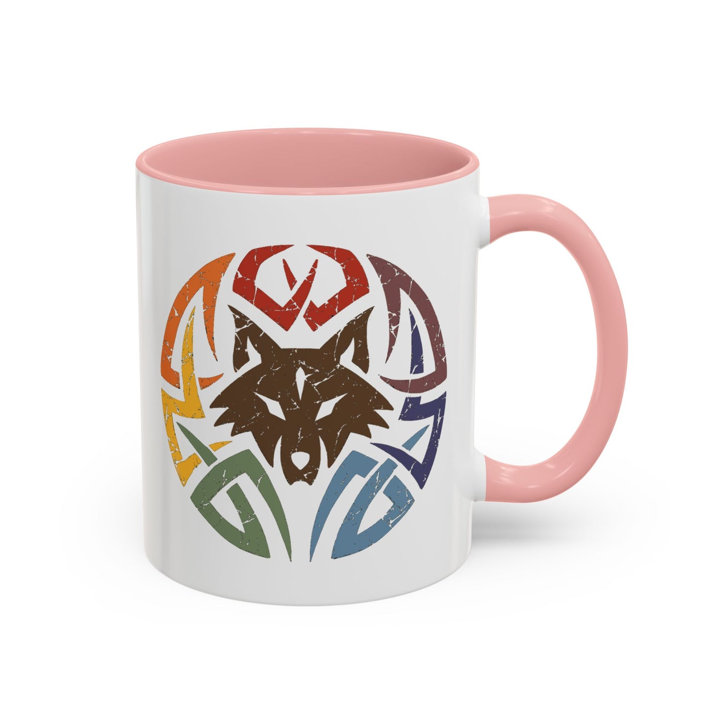 Wolf Tribal Accent Coffee Mug — Rainbow Tribal Wolf Design (11/15oz)
