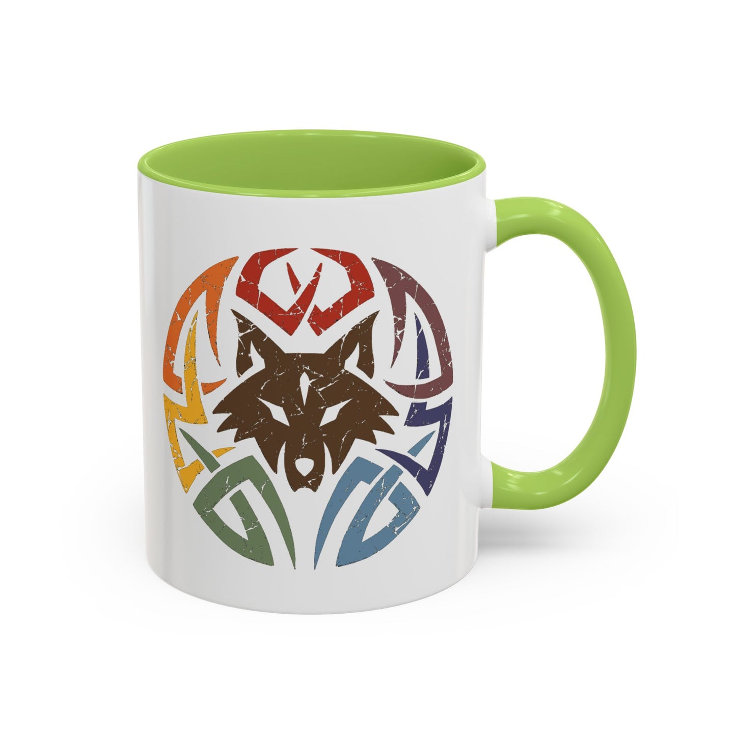 Wolf Tribal Accent Coffee Mug — Rainbow Tribal Wolf Design (11/15oz)