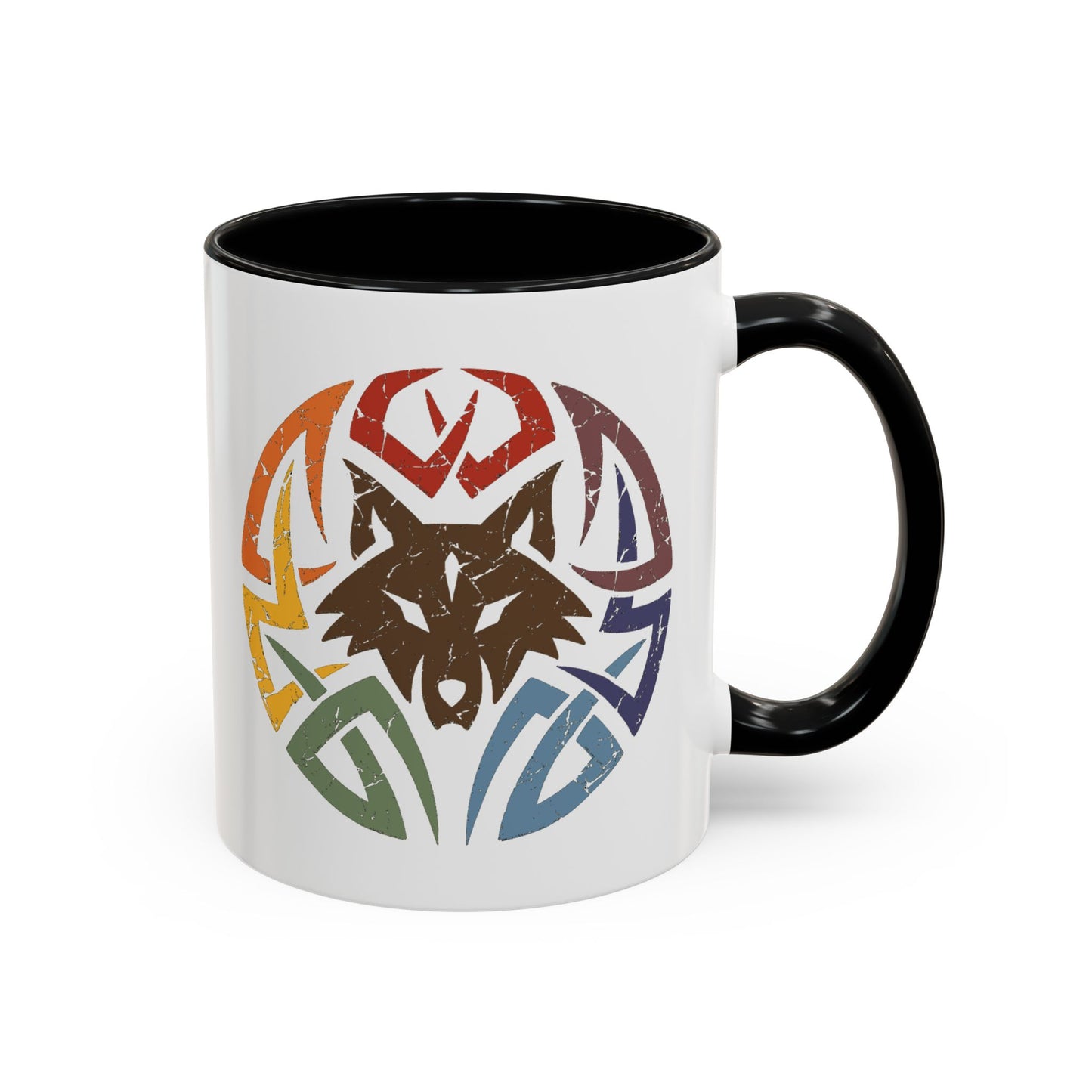 Wolf Tribal Accent Coffee Mug — Rainbow Tribal Wolf Design (11/15oz)