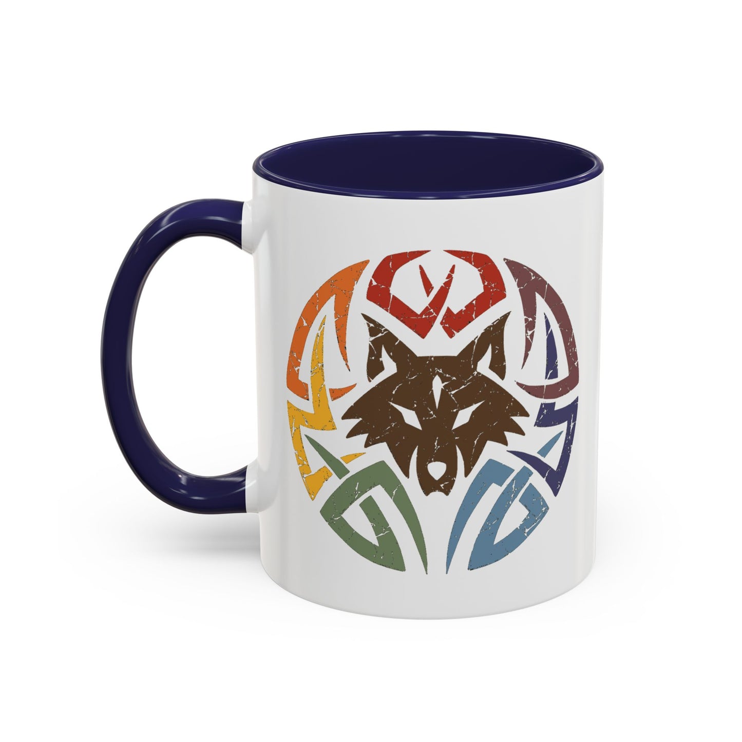 Wolf Tribal Accent Coffee Mug — Rainbow Tribal Wolf Design (11/15oz)