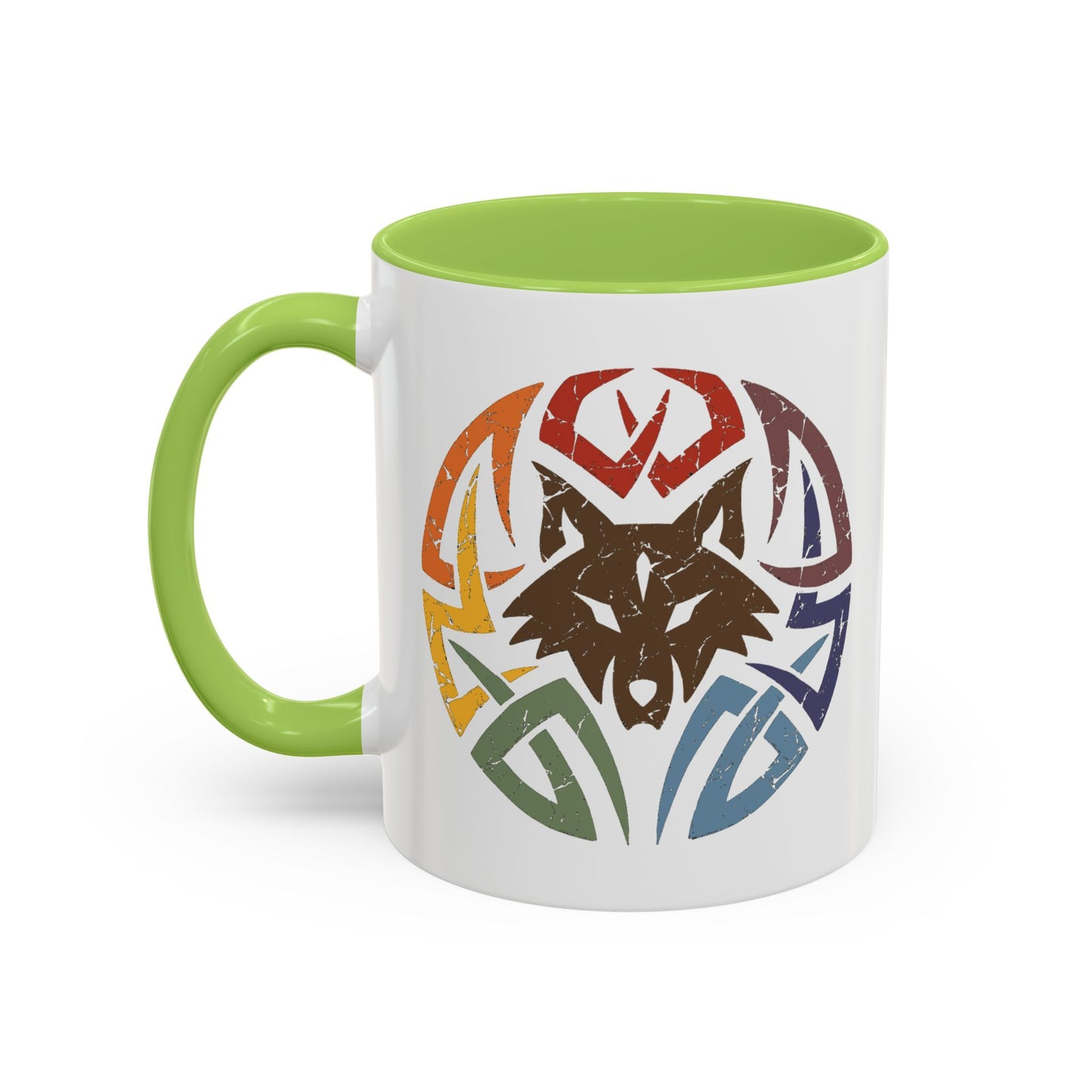 Wolf Tribal Accent Coffee Mug — Rainbow Tribal Wolf Design (11/15oz)