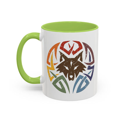 Wolf Tribal Accent Coffee Mug — Rainbow Tribal Wolf Design (11/15oz)