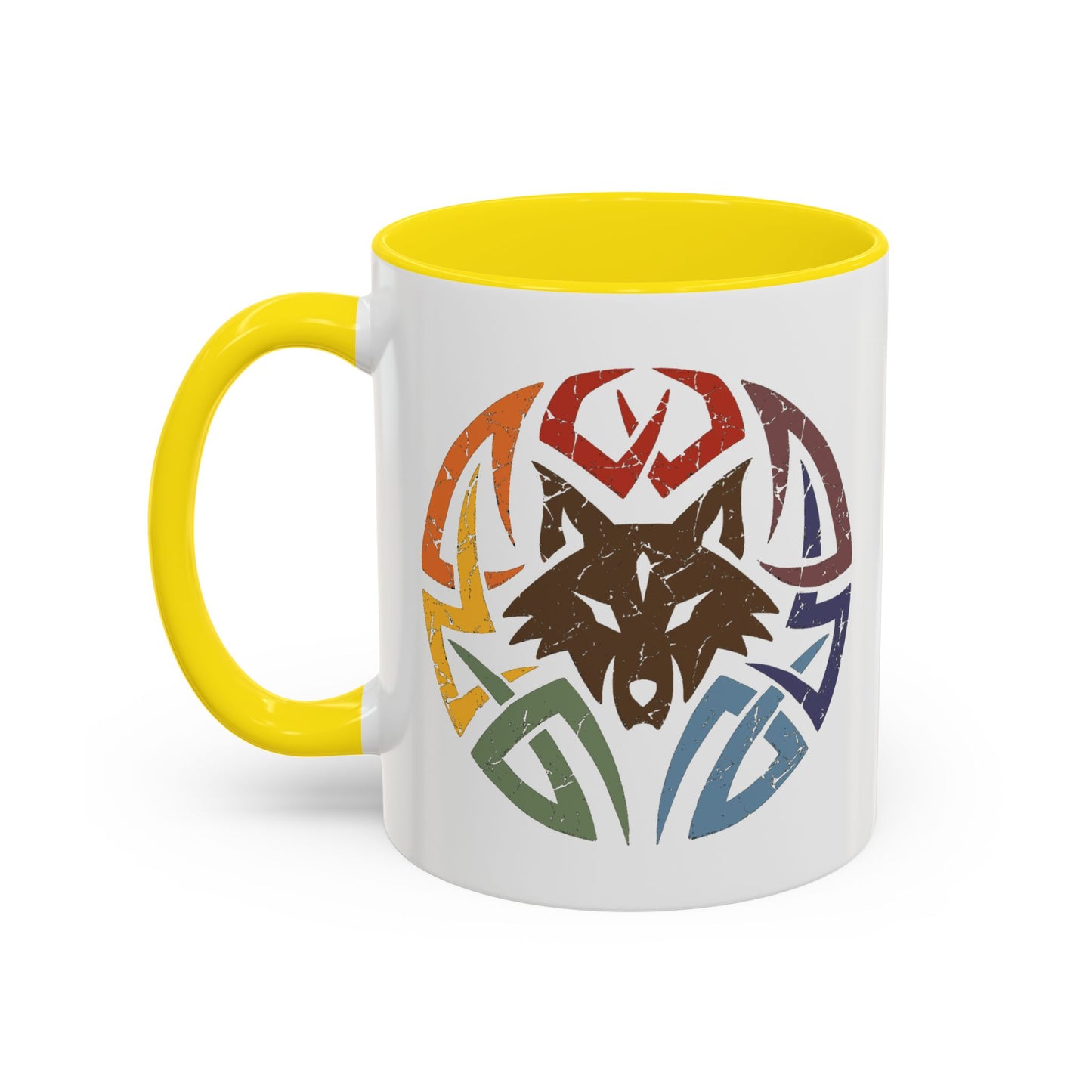 Wolf Tribal Accent Coffee Mug — Rainbow Tribal Wolf Design (11/15oz)