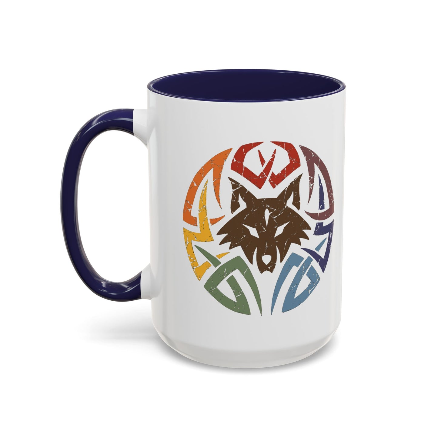 Wolf Tribal Accent Coffee Mug — Rainbow Tribal Wolf Design (11/15oz)