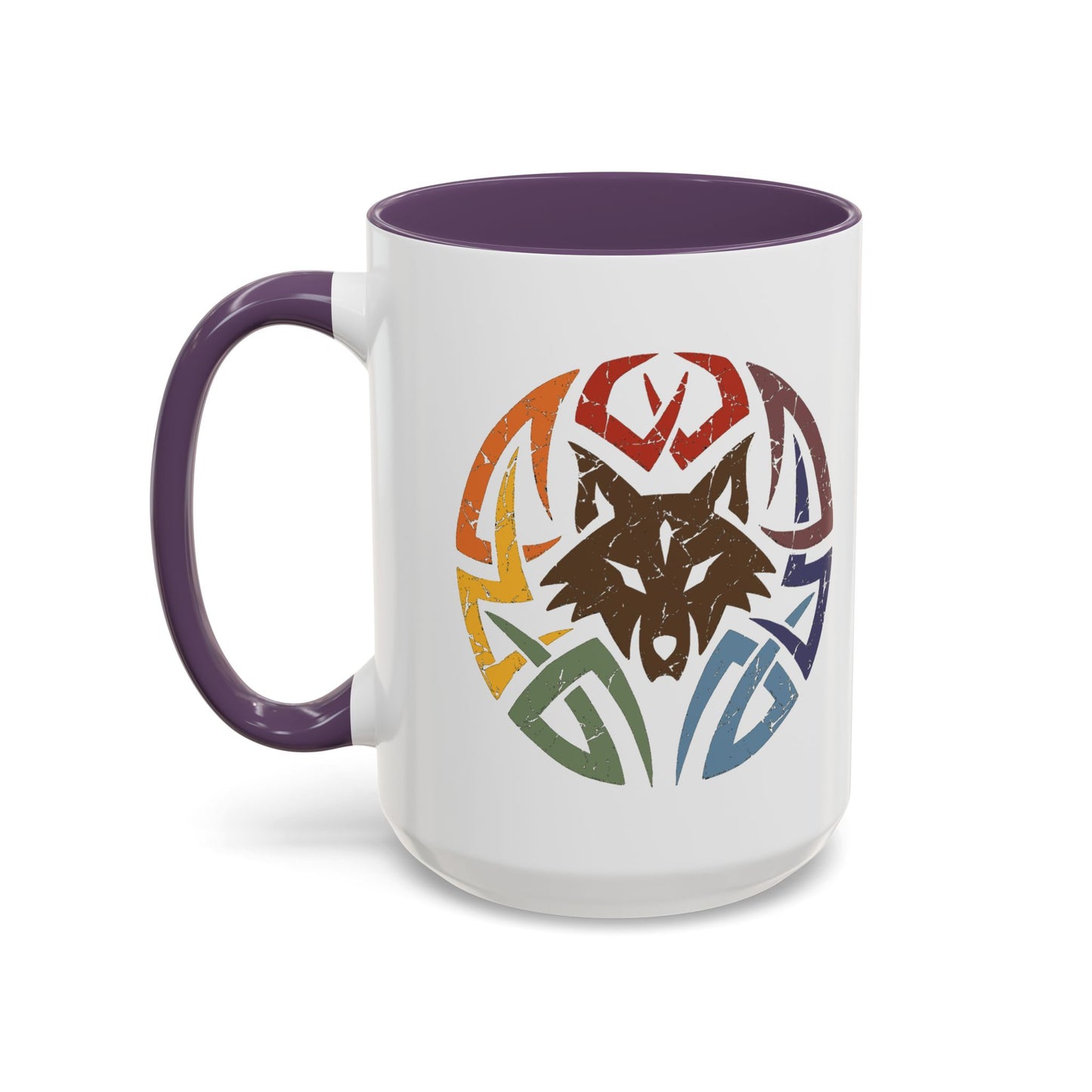 Wolf Tribal Accent Coffee Mug — Rainbow Tribal Wolf Design (11/15oz)