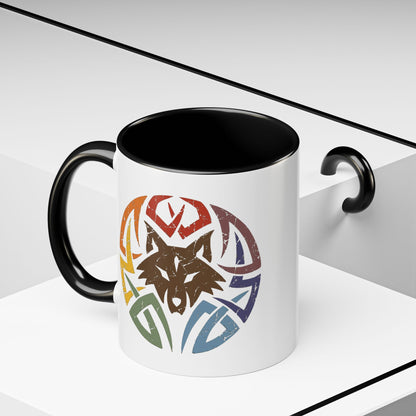 Wolf Tribal Accent Coffee Mug — Rainbow Tribal Wolf Design (11/15oz)