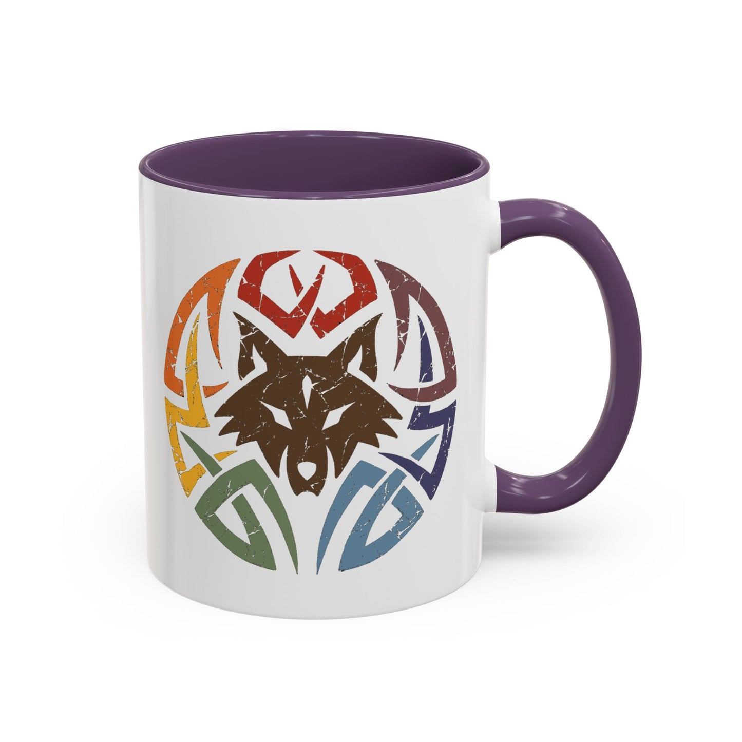 Wolf Tribal Accent Coffee Mug — Rainbow Tribal Wolf Design (11/15oz)