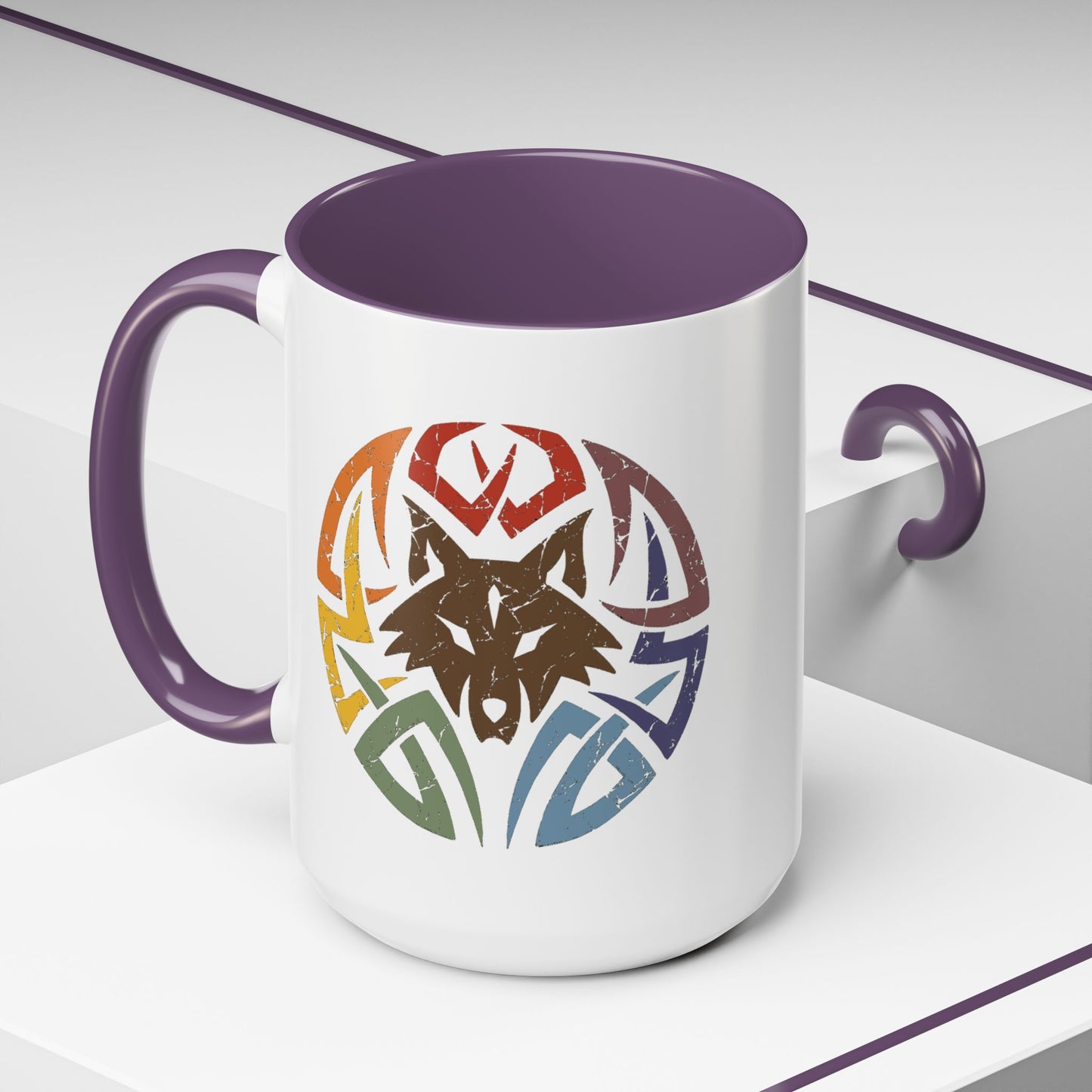 Wolf Tribal Accent Coffee Mug — Rainbow Tribal Wolf Design (11/15oz)