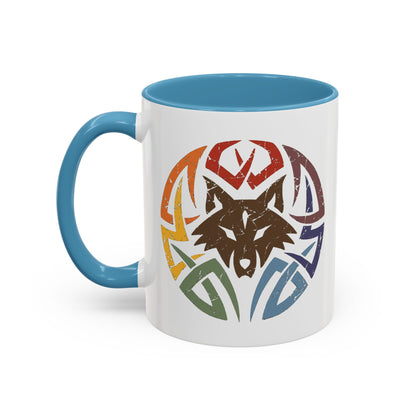 Wolf Tribal Accent Coffee Mug — Rainbow Tribal Wolf Design (11/15oz)
