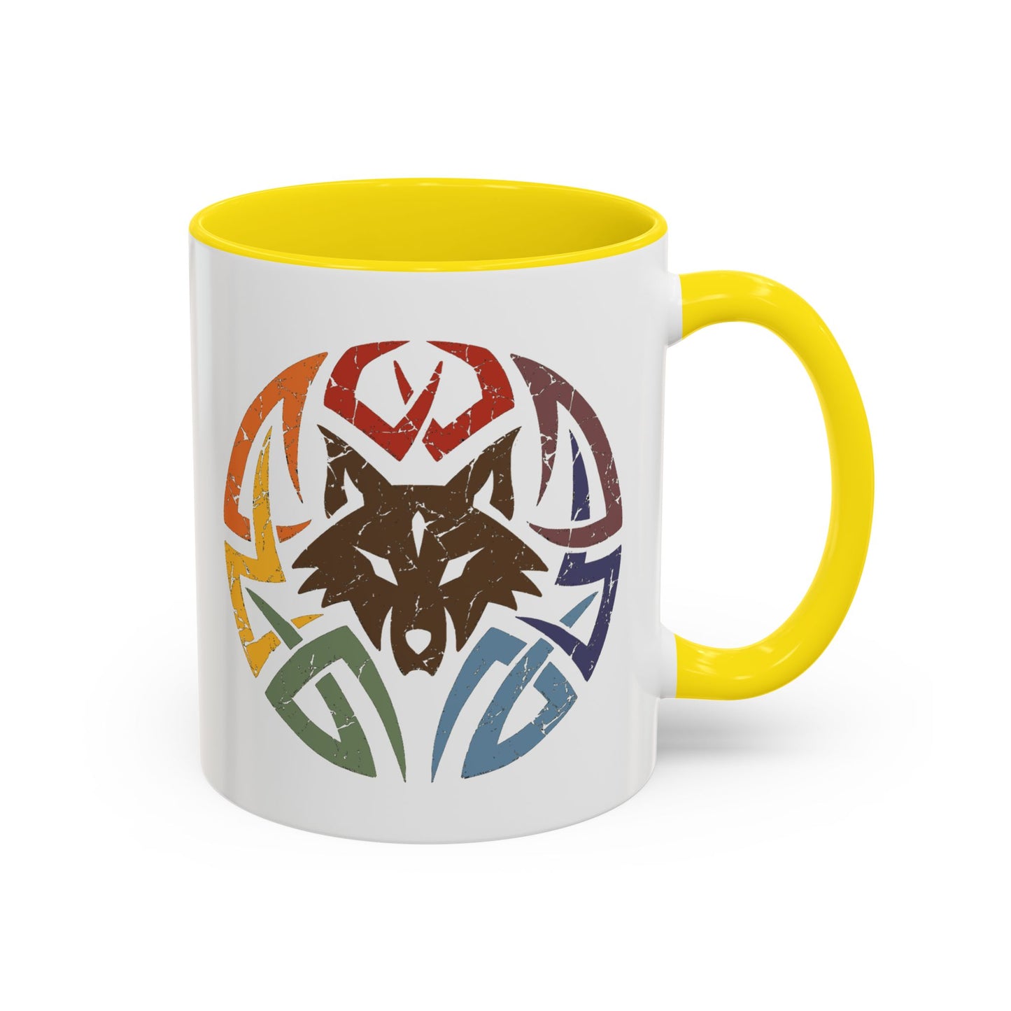 Wolf Tribal Accent Coffee Mug — Rainbow Tribal Wolf Design (11/15oz)
