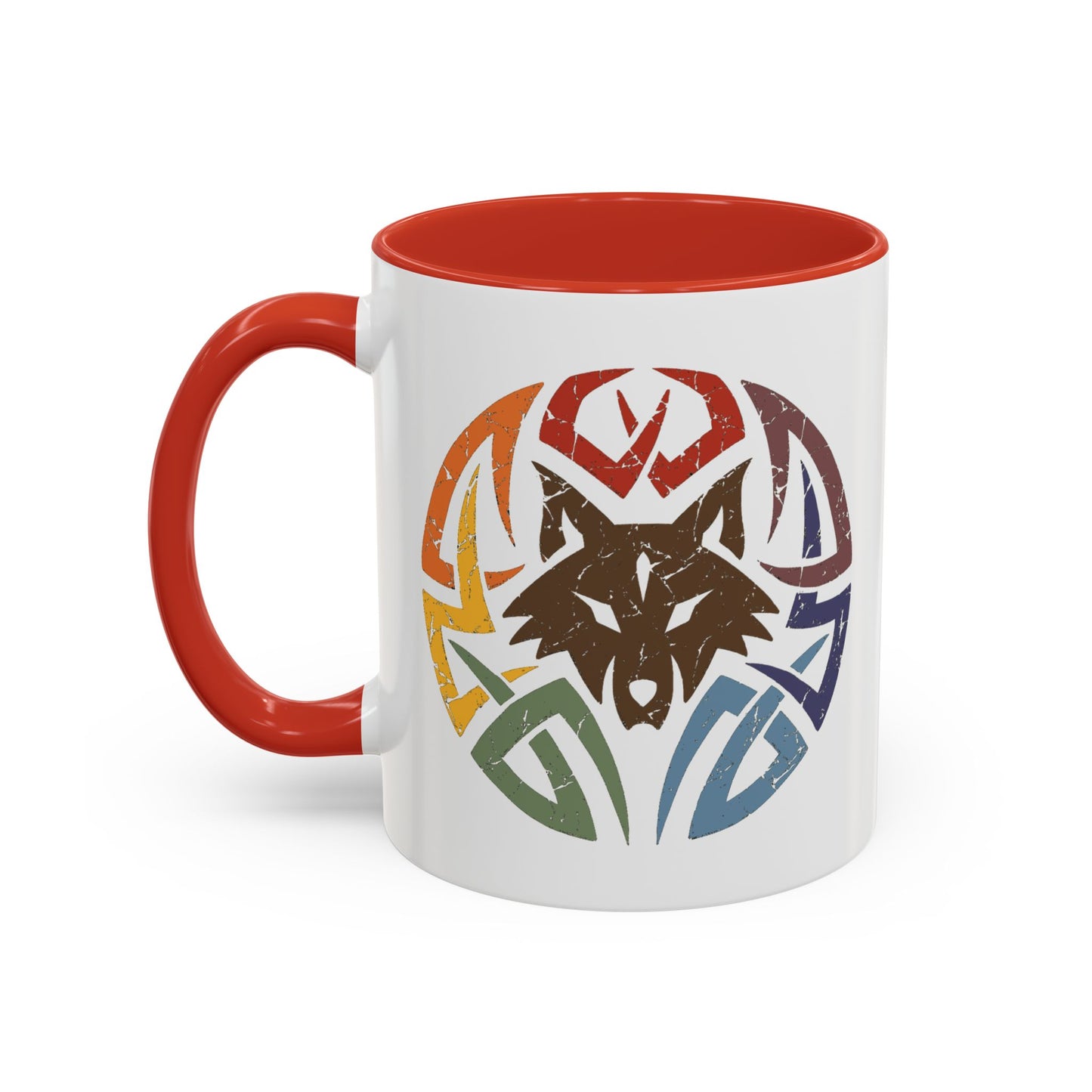 Wolf Tribal Accent Coffee Mug — Rainbow Tribal Wolf Design (11/15oz)