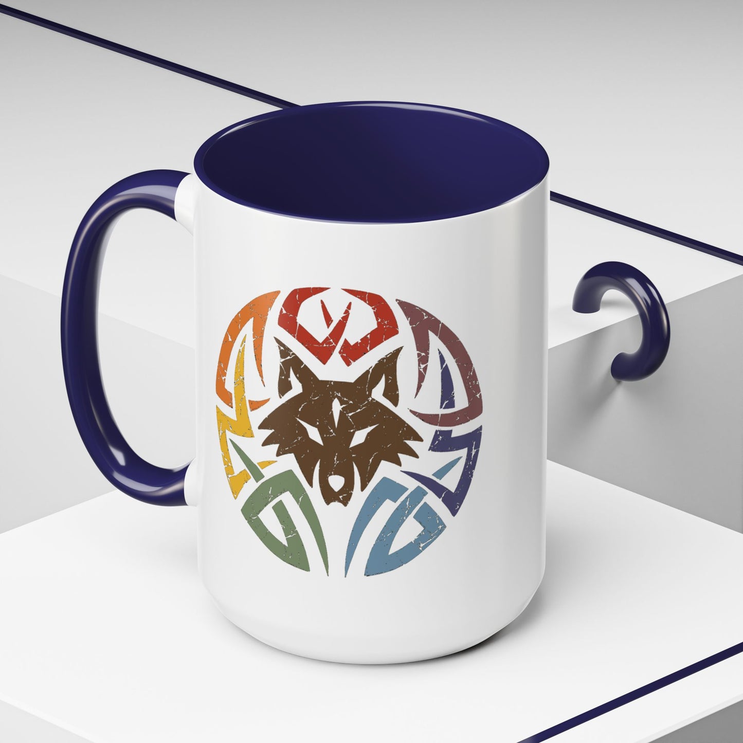 Wolf Tribal Accent Coffee Mug — Rainbow Tribal Wolf Design (11/15oz)