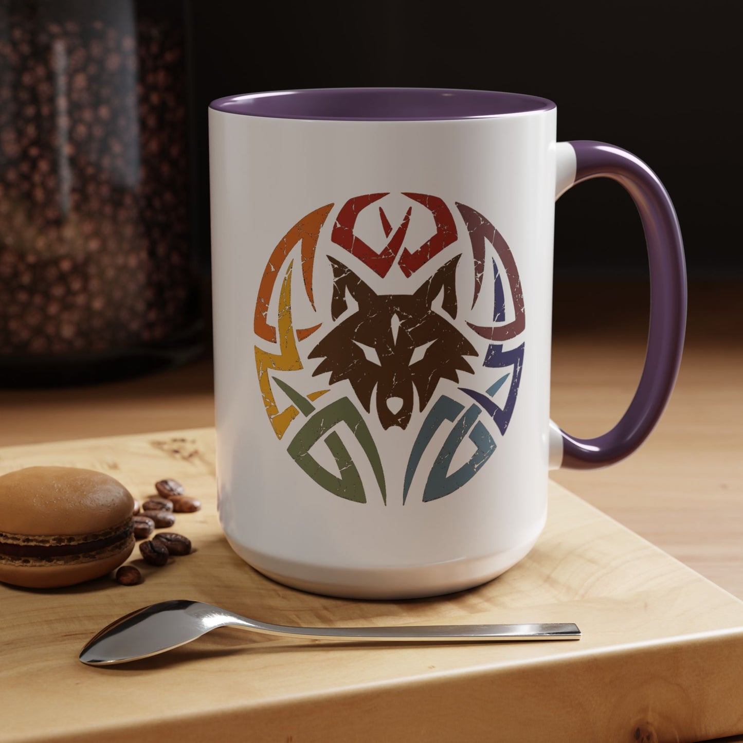 Wolf Tribal Accent Coffee Mug — Rainbow Tribal Wolf Design (11/15oz)