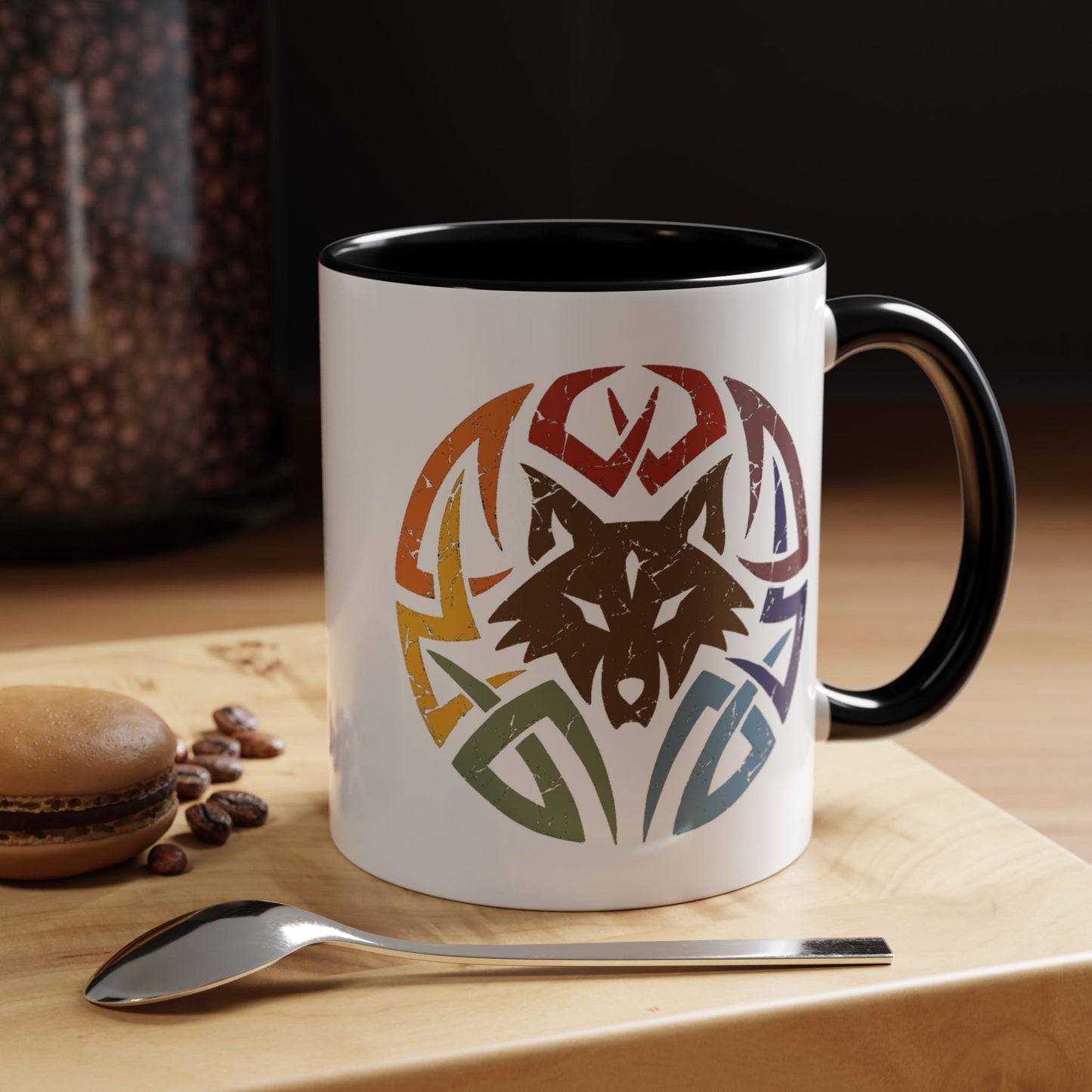 Wolf Tribal Accent Coffee Mug — Rainbow Tribal Wolf Design (11/15oz)