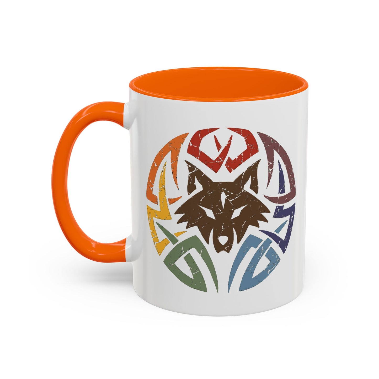 Wolf Tribal Accent Coffee Mug — Rainbow Tribal Wolf Design (11/15oz)
