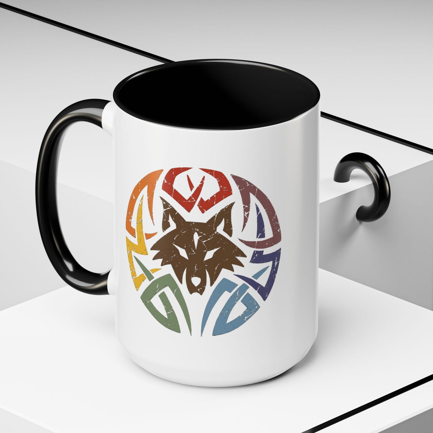 Wolf Tribal Accent Coffee Mug — Rainbow Tribal Wolf Design (11/15oz)