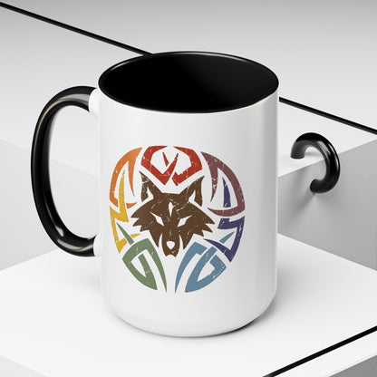 Wolf Tribal Accent Coffee Mug — Rainbow Tribal Wolf Design (11/15oz)