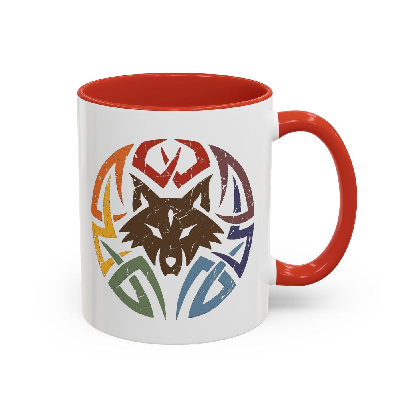 Wolf Tribal Accent Coffee Mug — Rainbow Tribal Wolf Design (11/15oz)