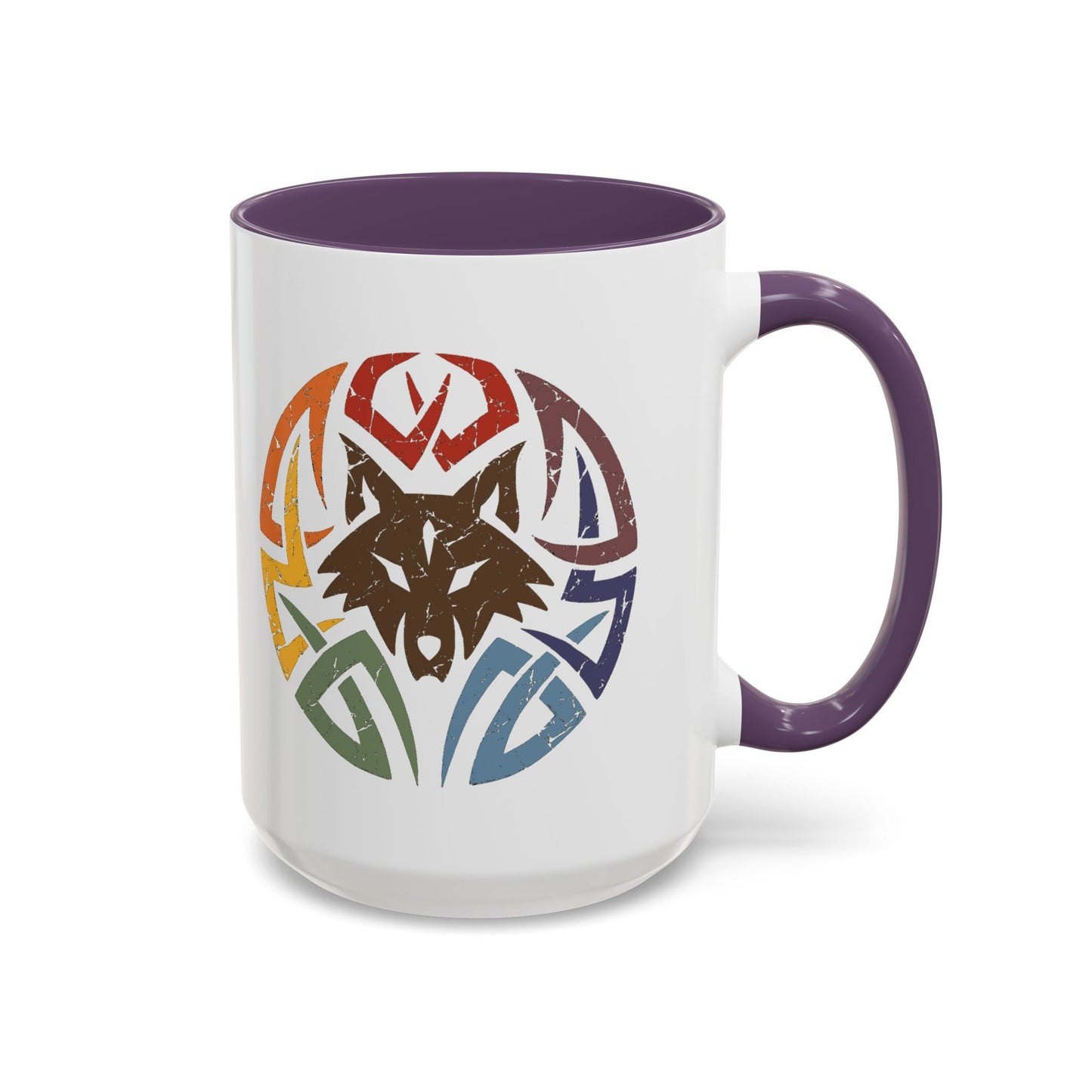 Wolf Tribal Accent Coffee Mug — Rainbow Tribal Wolf Design (11/15oz)