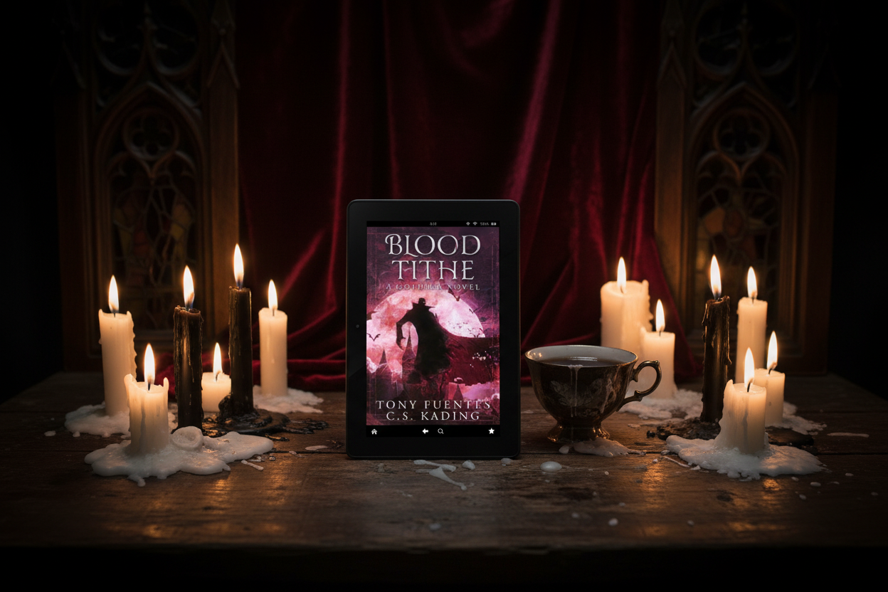 Gothic reading scene with Blood Tithe