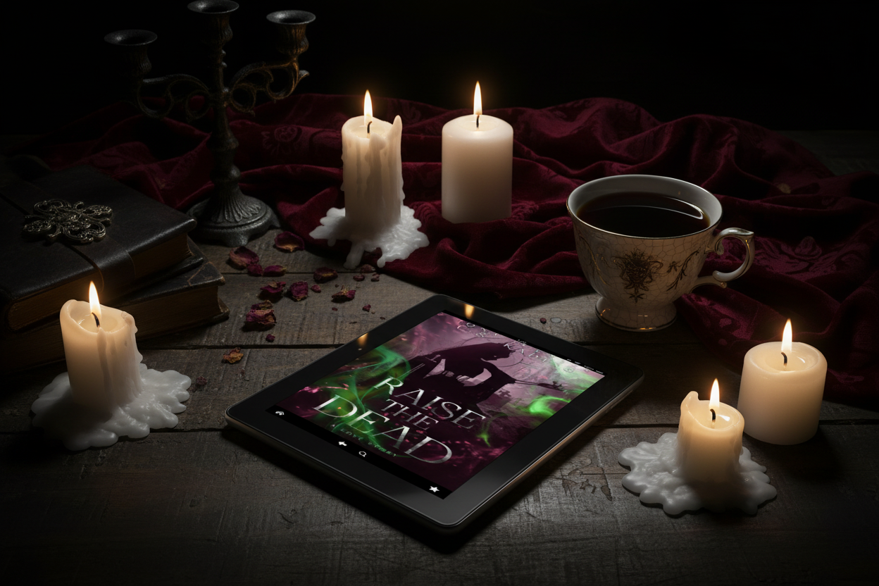 Gothic reading scene with Raise The Dead